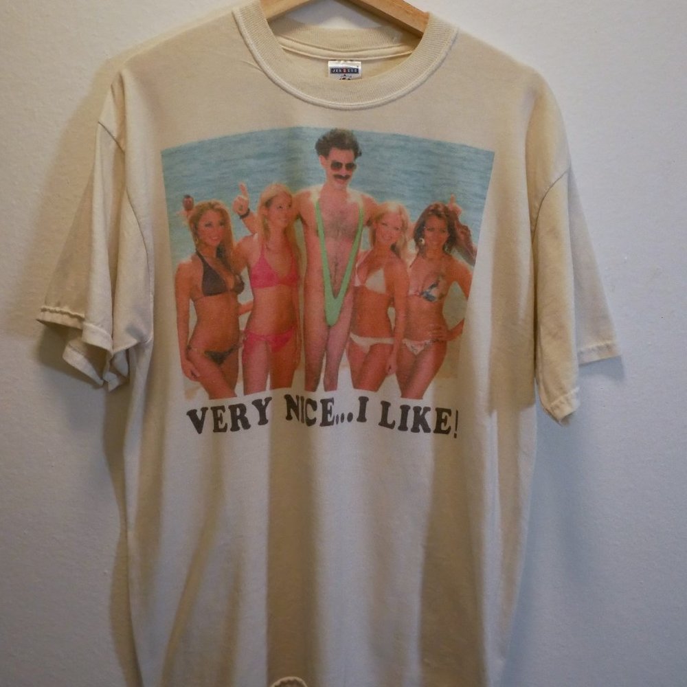 BORAT VINTAGE 2006 "VERY NICE, I LIKE" BEACH BABES JERZEES LARGE WHITE T SHIRT